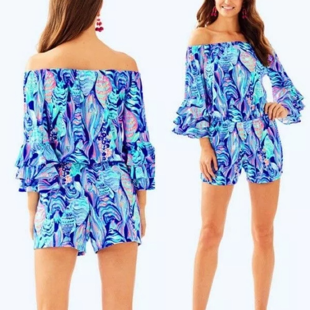 NWOT Lilly Pulitzer CALLA OFF THE SHOULDER ROMPER Twilight Blue FISH Scale XL